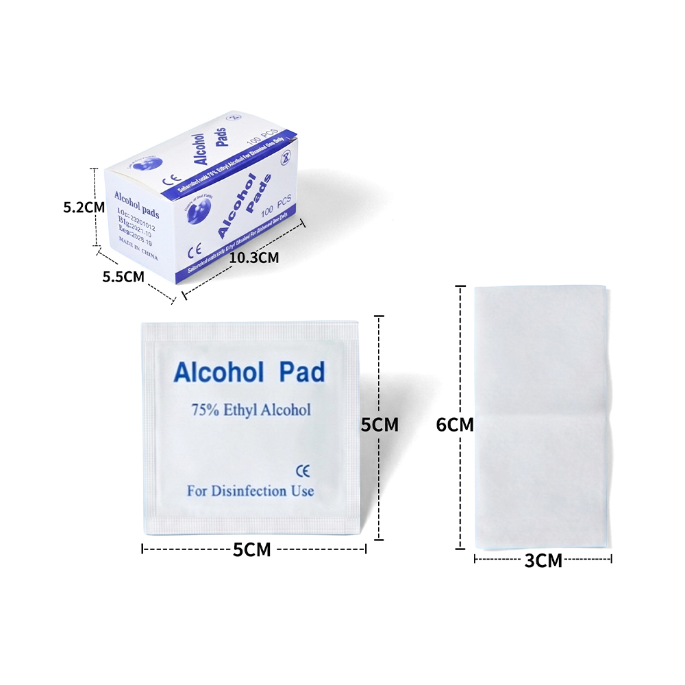 100 ks/krabice 3 cm x 6 cm velké jednotlivě balené podložky na přípravu 75 % alkoholu
